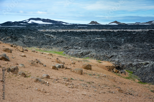 Leirhnjukur clay fill and magma field with snow in Iceland  overcast day in summer   film effect with grain