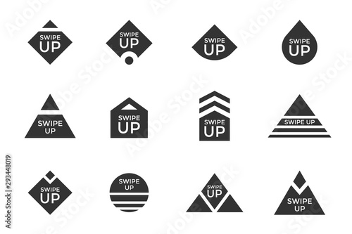 Swipe up story button icon set. Application and social network scroll arrow pictogram for fashion blogger stories or web design ui interface. Vector flat modern black style blog story illustration