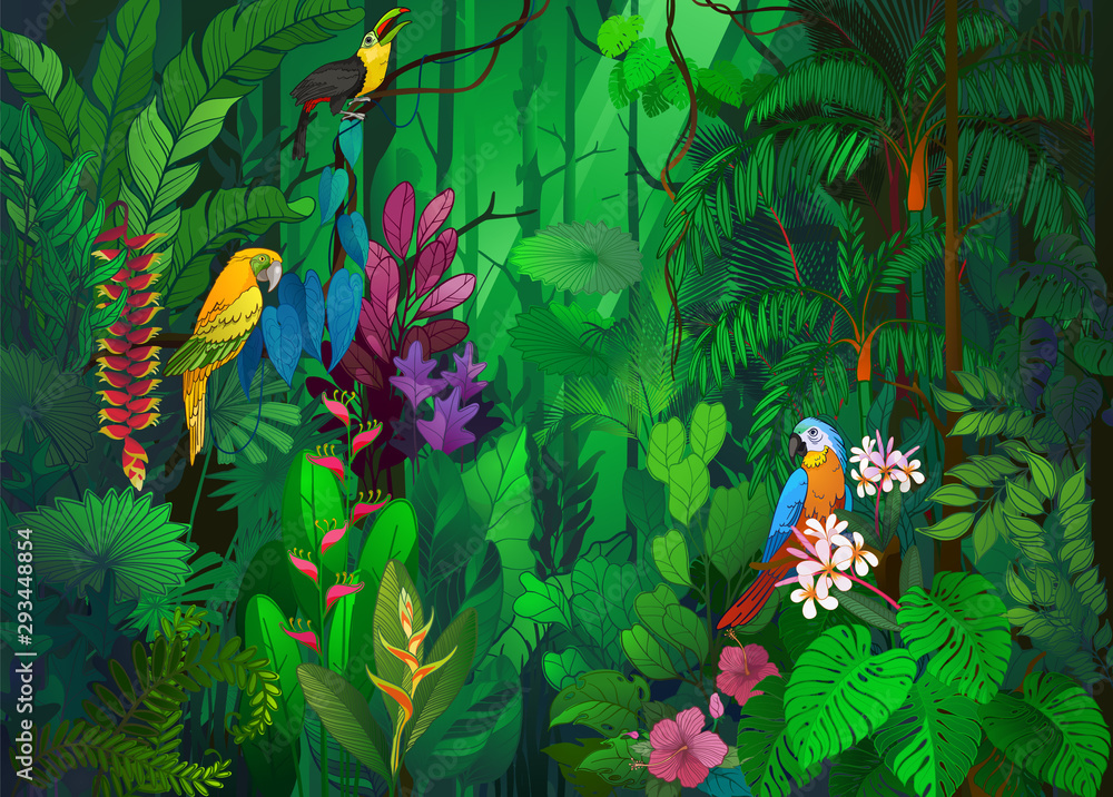 Tropical Rain Forest in a deep wilderness with colorful birds, flowers and exotic plants in illustration Tropical Rain Forest in a deep wilderness with colorful birds, flowers and exotic plants in illustration