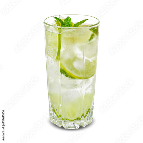 Glass of fresh mojito on white background