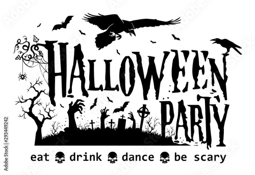 Halloween poster with horror elements: zombie hands, black raven, spider, bat. Illustration, vector