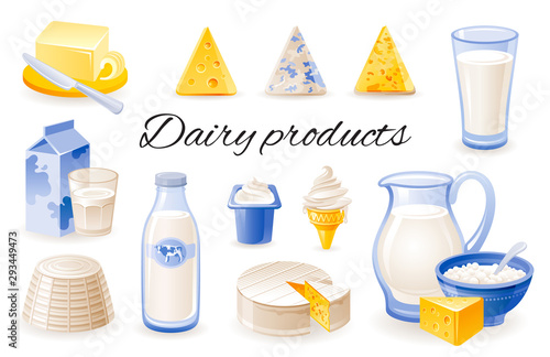 Milk dairy product icon set with cheese cheddar, brie, ricotta, yoghurt, butter, jar. Realistic 3d color glossy vector illustrations isolated on white background. Organic natural food design concept