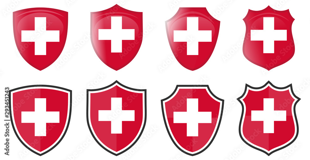 Obraz premium Switzerland flag in shield shape, four 3d and simple versions. Swiss icon / sign