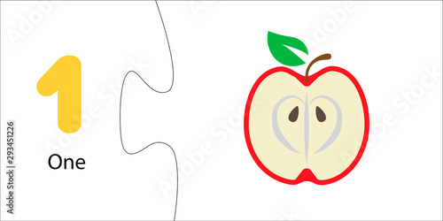 Number 1 and one apple. Children's math with numbers and fruits and berries. Account for preschoolers, toddlers, children. Puzzle game, collection
