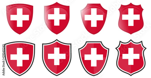 Switzerland flag in shield shape, four 3d and simple versions. Swiss icon / sign