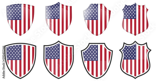 Vertical USA flag in shield shape, four 3d and simple versions. American icon / sign