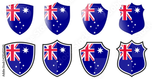 Vertical Australia flag in shield shape, four 3d and simple versions. Australian icon / sign