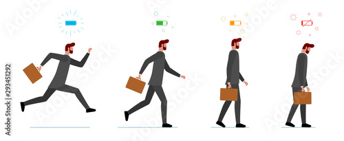 Life energy full and tired businessman. Powerful person with high charge and uncharged battery level set. Worker male concept. Business man running and low power weak walking illustration
