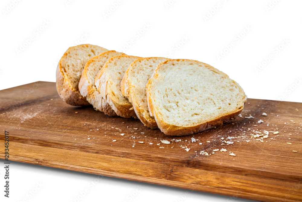 Close-up photo of a slices of bread on a bamboo board.