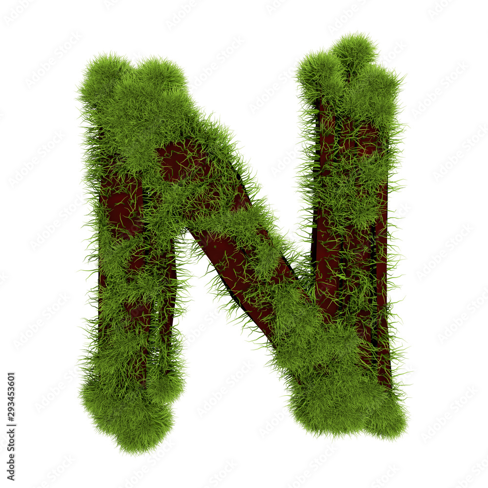 Grass letter N isolated on white background. Symbol covered green grass. Eco letter. 3d illustration Grass letter N isolated on white background. Symbol covered green grass. Eco letter. 3d illustration