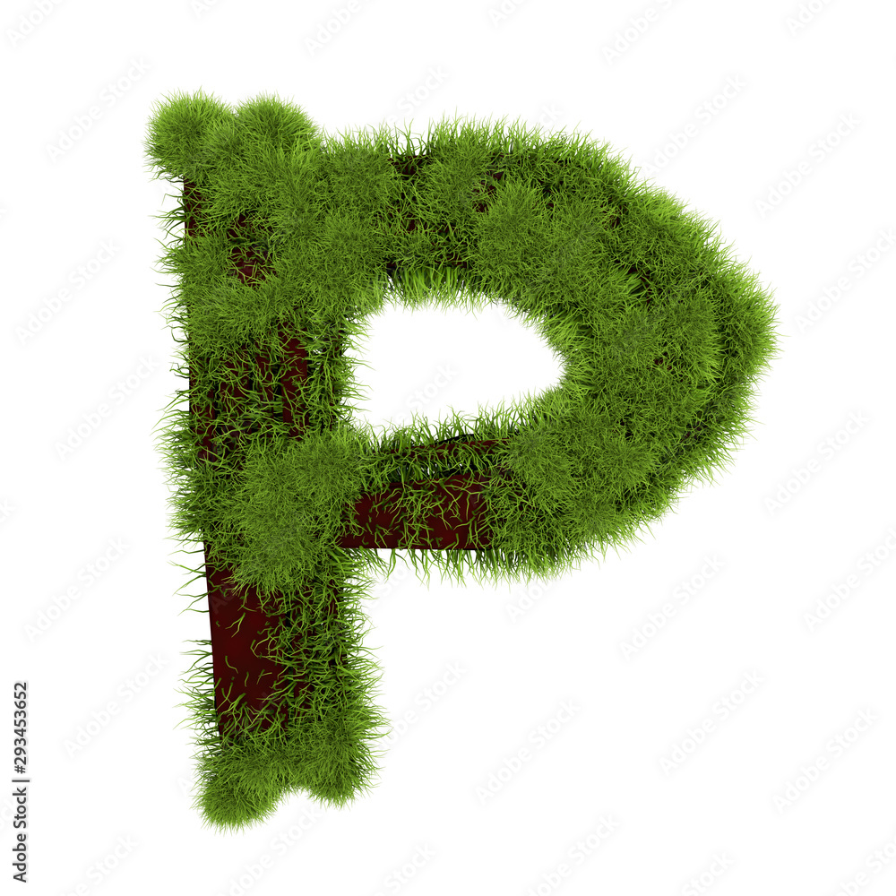 Grass letter P isolated on white background. Symbol covered green grass. Eco letter. 3d illustration Grass letter P isolated on white background. Symbol covered green grass. Eco letter. 3d illustration
