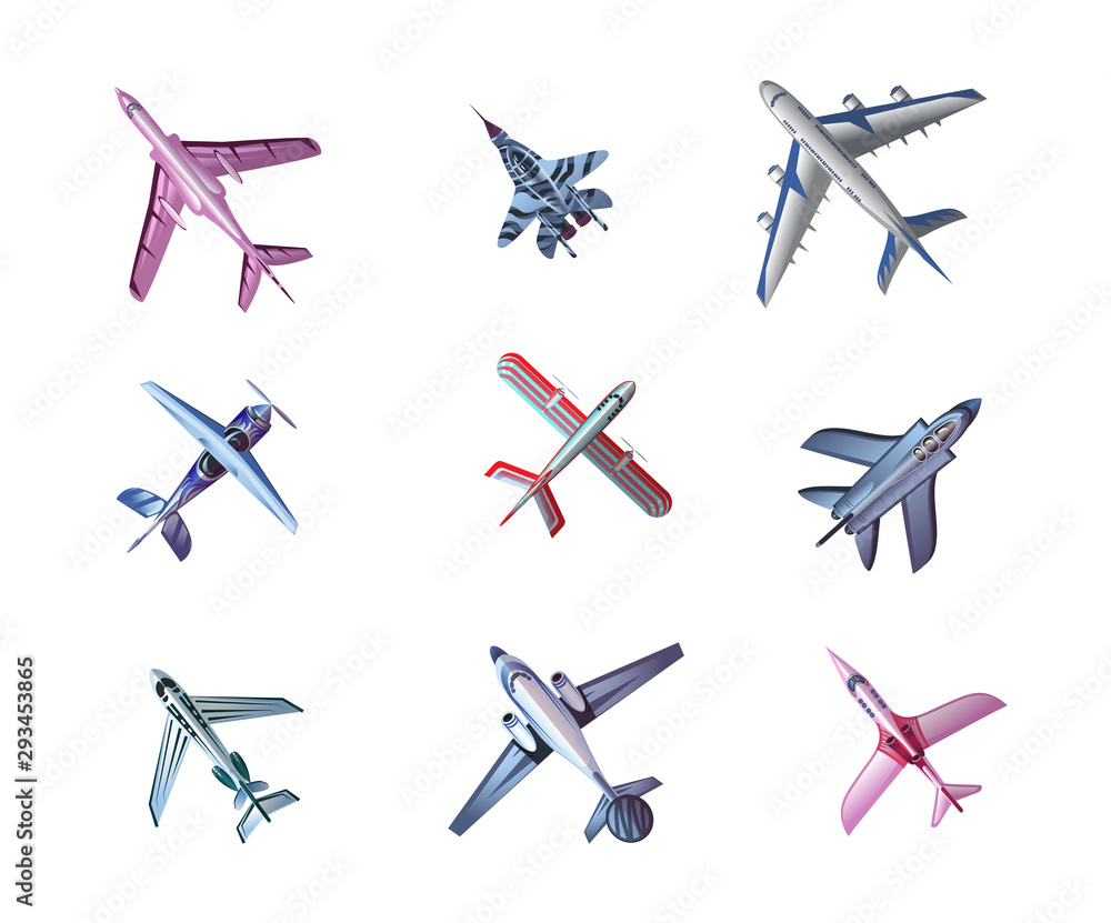 Set of different airplane aircrafts bottom view vector illustration