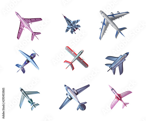 Set of different airplane aircrafts bottom view vector illustration