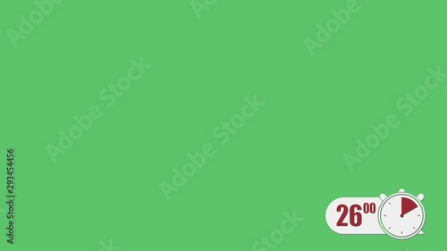 A posh lower-thirds countdown timer going from thirty to zero, with numbers (seconds, fractions) and visual cues (a stopwatch icon being filled in red each second). Green background.
 photo
