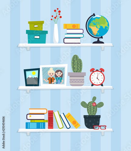 Shelves with books, photo frames, cactuses, boxes and globe in flat design style