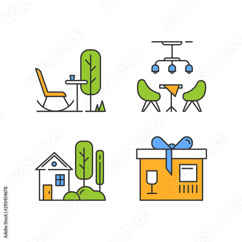 Apartment amenities color icons set. Outdoor rest space, residents lounge, small village house with garden, package service. Comfortable leisure zones. Isolated vector illustrations