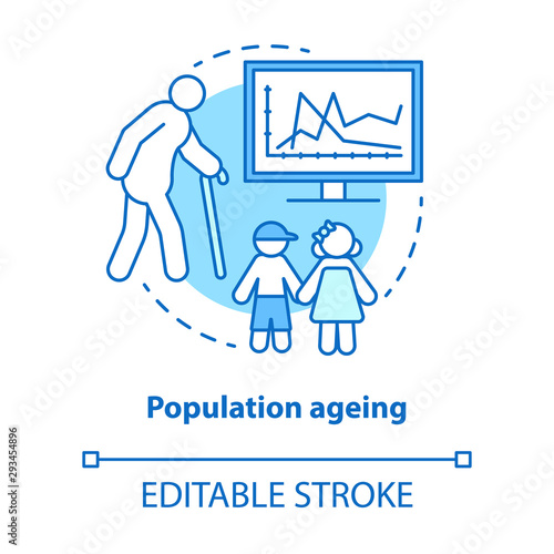 Population ageing concept icon. Elderly people number increasing on planet idea thin line illustration. Demographic problems with lack of youth. Vector isolated outline drawing. Editable stroke