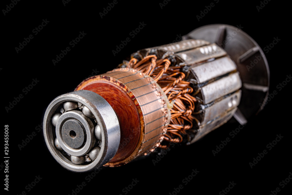 Copper electric motor winding. Electric mechanism rotor. Stock Photo