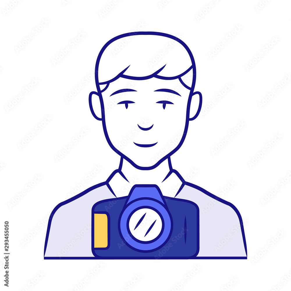 Photojournalist blue color icon. Photographer, paparazzi. Making snapshot. Professional media reporter. Journalist taking picture. Isolated vector illustration