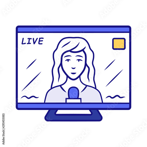 Reporter woman on TV blue color icon. Female journalist reporting breaking news live. Newscast. Newswoman on TV screen. Isolated vector illustration