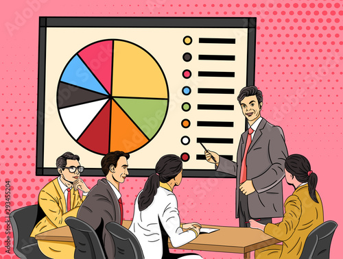 Businessman giving a presentation using a pie chart on a screen to colleagues at the office seated around a table in a colorful vector illustration