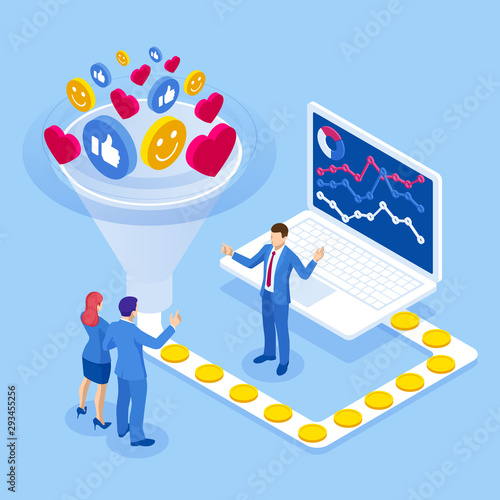 Isometric increasing conversion rates strategy. Data monetization, monetizing of data services, selling of data analysis concept.