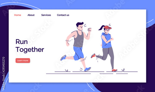 Run together landing page vector template. Sport activity website interface idea with flat illustrations. Outdoor workout homepage layout. Jogging training web banner, webpage cartoon concept