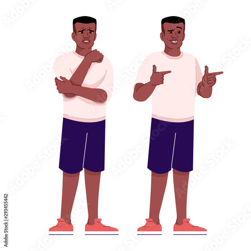 Sad and flirting man flat vector illustration. Unhappy and playful mood. Heartbroken and joyful african american guy isolated cartoon characters with outline elements on white background