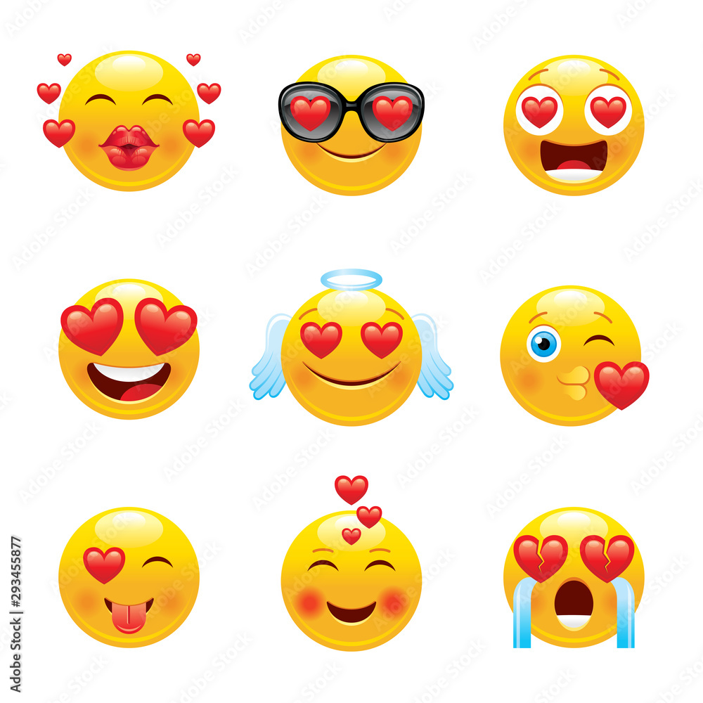 Love emoji icon set. 3d happy sad face smile symbol kiss, angel