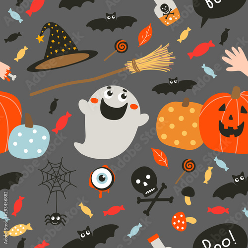 Vector seamless pattern of scary Halloween Holiday objects.