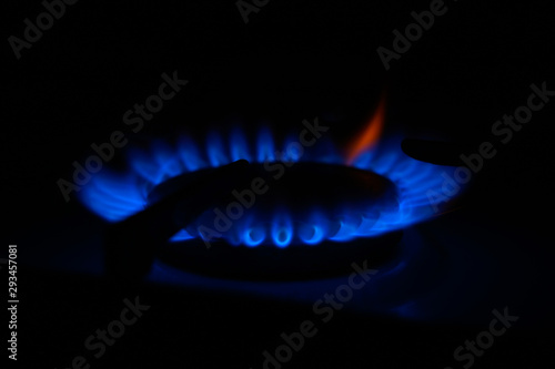 burning gas methane flame on stove burner, hob in kitchen for cooking, macro