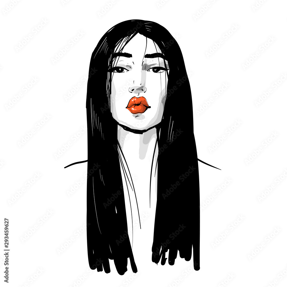 Young Asian beauty woman with red lips black long hair. Fashion vector illustration isolated on white. Can be used as a face chart or for hairdressers Skincare, professional hairdressing, beauty salon