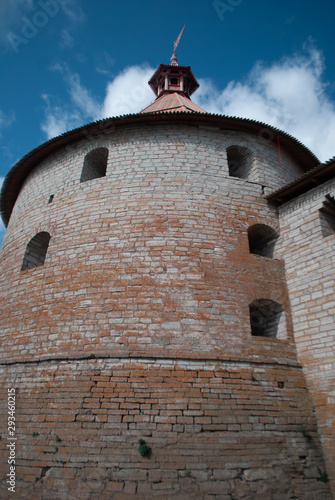 Bastion against blue sky with white clouds. The Schlisselburg fortress, photo