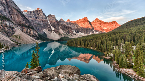 Moraine Lake in Banff National Park in Canada taken at the peak color of sunrise photo