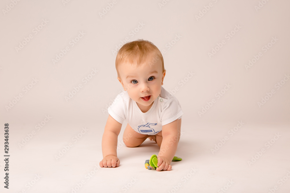 cute toddler boy on white background looking in frame, space for text, baby 8 months on white background cute toddler boy on white background looking in frame, space for text, baby 8 months on white background