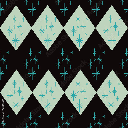 Atomic era diamond seamless pattern with starbursts. Mid century inspired design in black, mint green and blue. Great for party decorations, graphic design, textiles, wallpaper, fashion accessories.