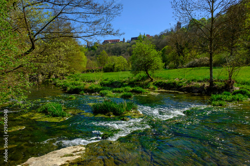 Tauber river in summer, Rothenburg ob der Tauber, Bavaria, Germany