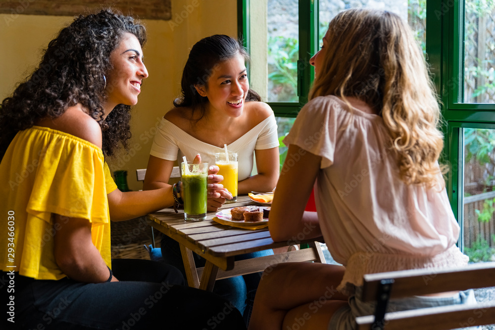 Three happy young women with smoothies meeting in a cafe Three happy young women with smoothies meeting in a cafe