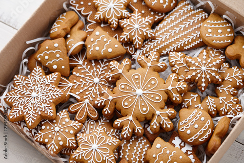 Christmas gingerbread cookies in cardboard box