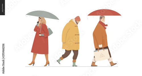 Rain - walking people set - modern flat vector concept illustration of people with umbrella, walking or standing in the rain in the street