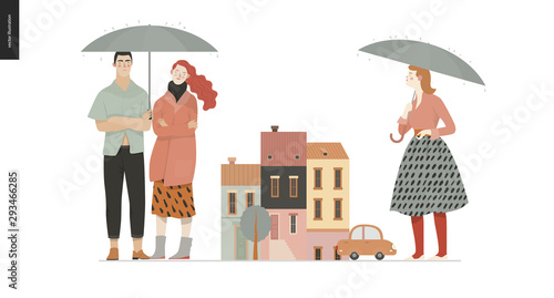 Rain - walking people set - modern flat vector concept illustration of people with umbrella, walking or standing in the rain in the street