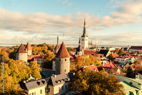 View of the old city with St. Olaf's Church and the old city walls, Tallinn, Estonia