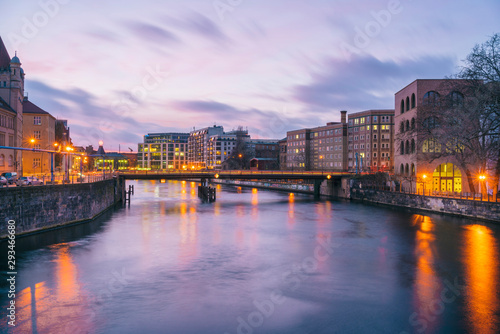 View from the Museumsinsel on the Spree towards Friedrichstrasse at sunset, Berlin, Germany