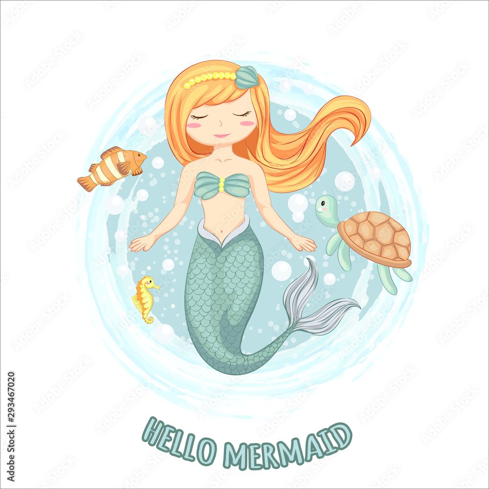 vector illustration of cute mermaid with turtle, sea horse and small fish hand drawn.