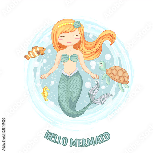vector illustration of cute mermaid with turtle  sea horse and small fish hand drawn.
