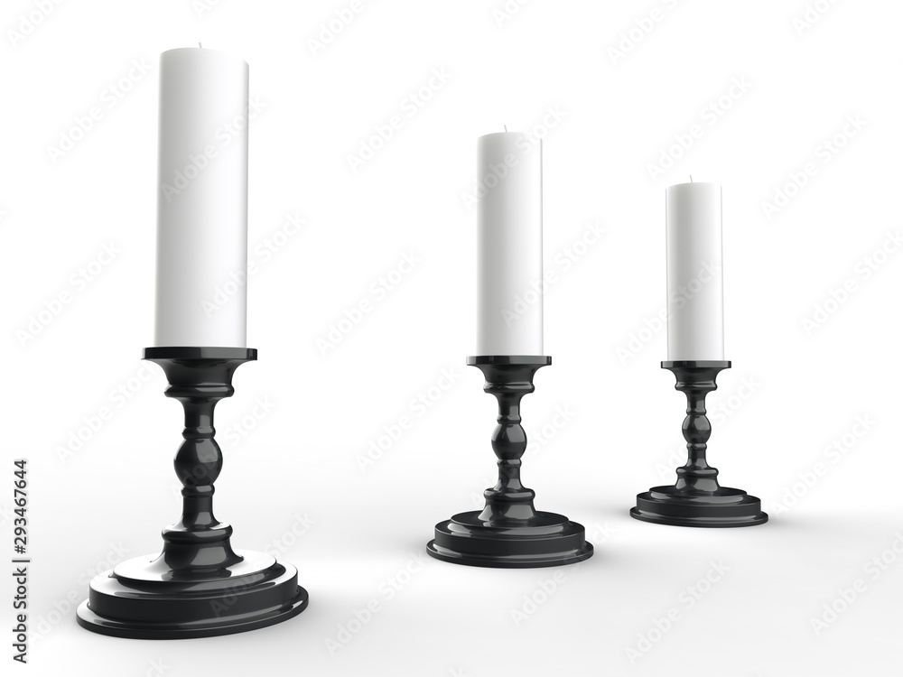 Three white wax candles on black shiny candle holders Three white wax candles on black shiny candle holders