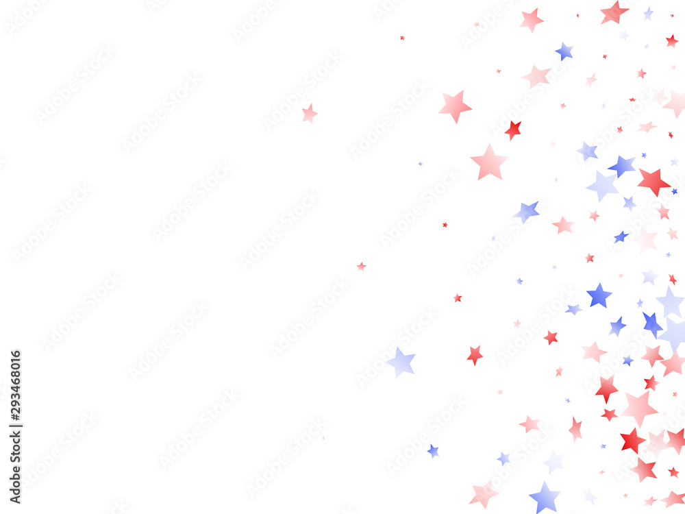 Flying red blue white star sparkles on white vector american patriotic background.