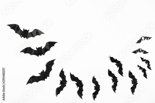Halloween decorations concept. Halloween with black bats on white background. Flat lay, top view, copy space