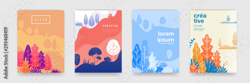 Tree leaf pattern background with abstract forest colors for cover templates creative design. Vector summer, autumn, spring and winter forest trees and leaves landscape background set