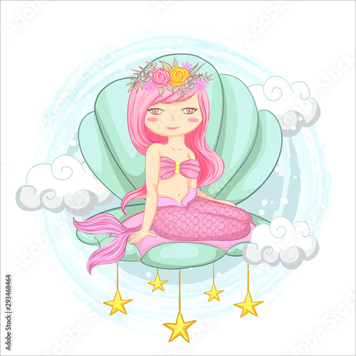 Vector illustration of a cute little mermaid sitting inside a clam with star and cloud